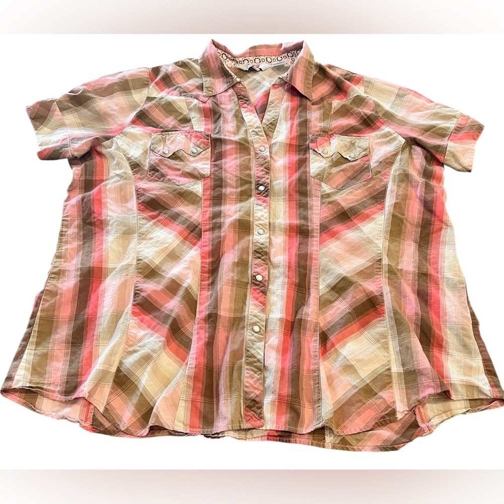 Roper Pink Tan Plaid Short-Sleeve Button-Up Shirt